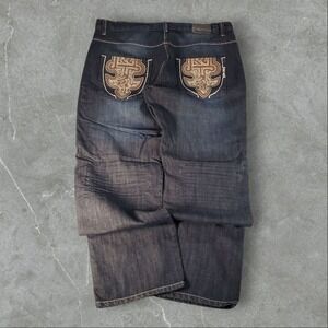 Red BBQ Jeans Mens 38x32 Blue Y2K Embroidered Baggy Wide-Leg Grunge Skater 2000s